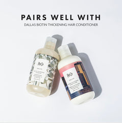 Hair after washing with R+Co Dallas Thickening Shampoo, showcasing added volume and bounce.