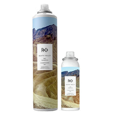 R+Co Death Valley Dry Shampoo Set packaging highlights premium vegan formula and ready-to-go convenience.