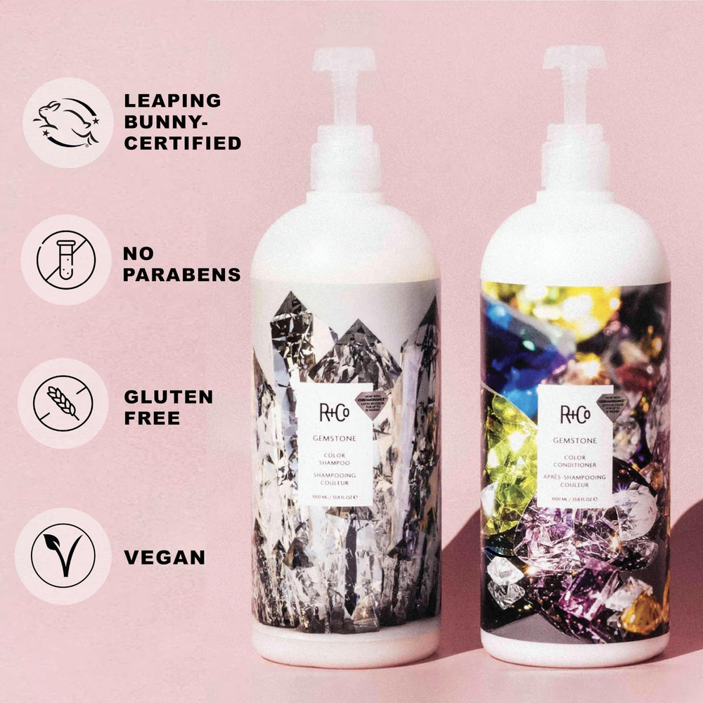 R+Co Gemstone Color Shampoo pour demonstrates light, color-safe cleansing