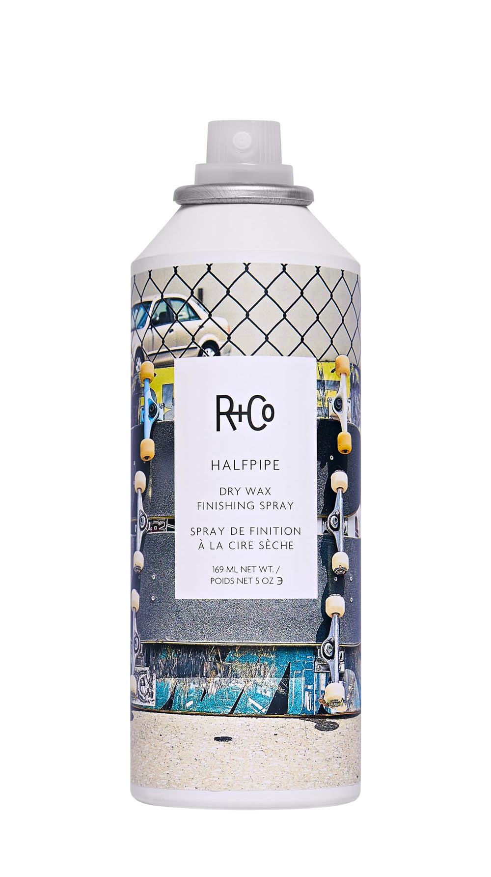R+Co Halfpipe bottle close-up shows spray for lift.