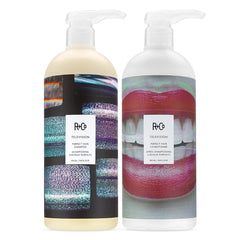 R+Co Television Shampoo bottle close-up, smoothing action and shine.