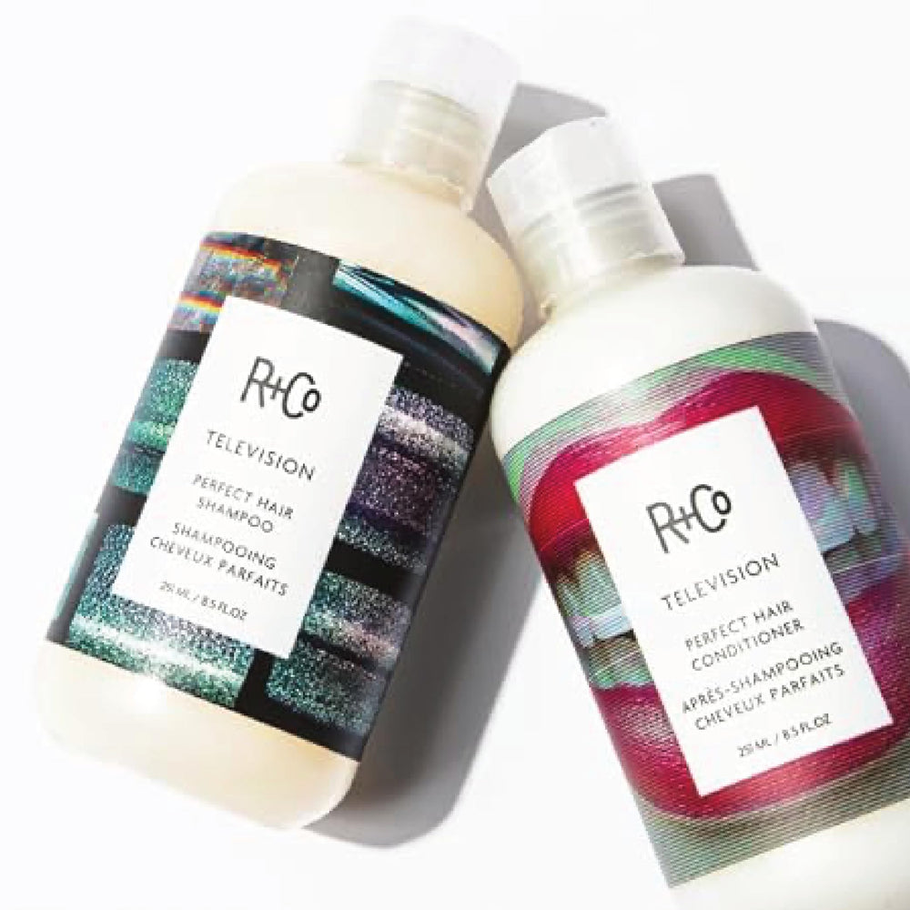 Close-up of R+Co TV Perfect Conditioner shows silky, brushable hair.