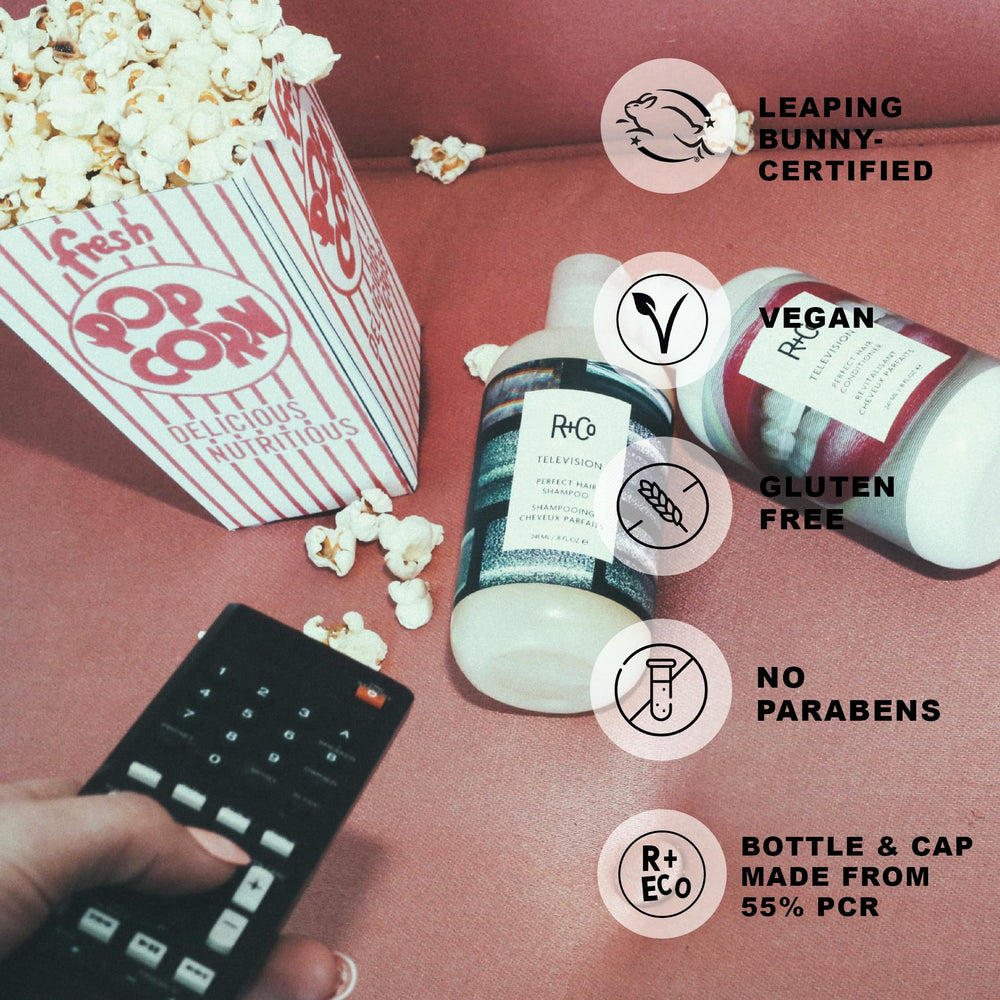 Compact TSA-approved packaging for R+Co TV Perfect Travel Set.
