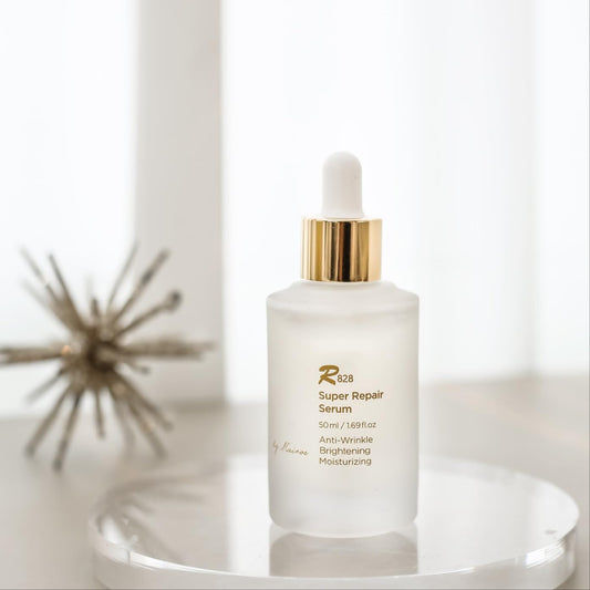 R828 Super Repair Serum bottle close-up showing deep hydration and barrier support.