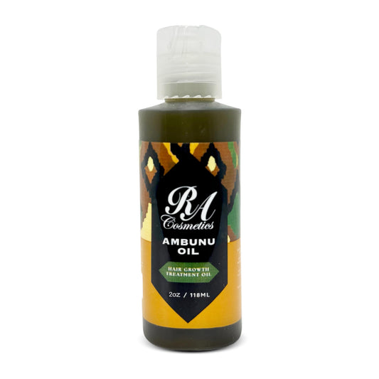 RA Cosmetics Ambunu Oil bottle close-up highlighting strength and nourishment for hair.