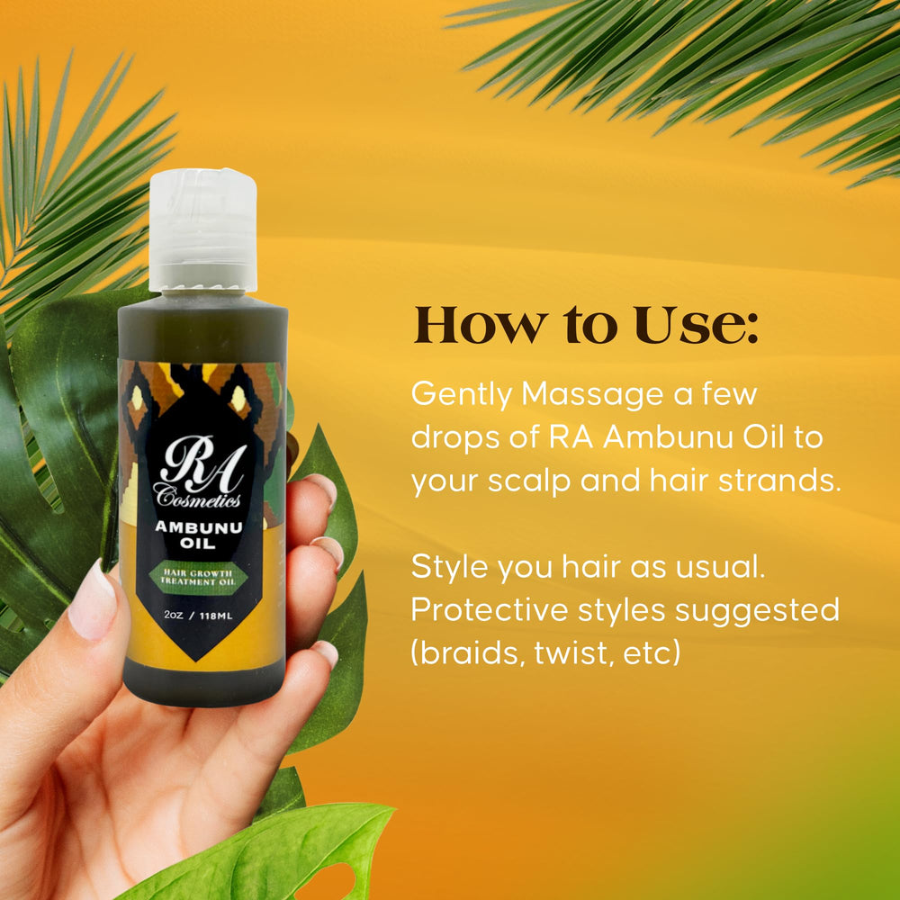 RA Cosmetics Ambunu oil used for scalp massage to invigorate follicles.