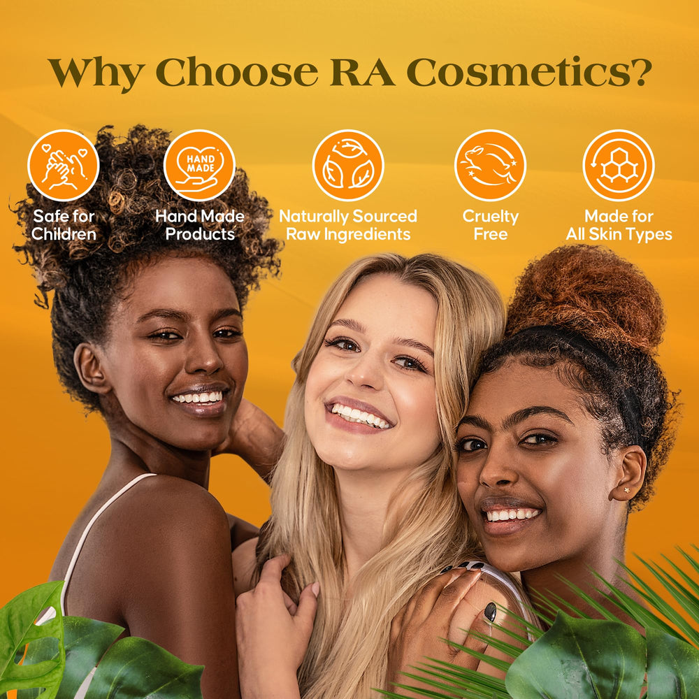 RA COSMETICS natural cocoa butter packaging label highlighting purity and ingredients