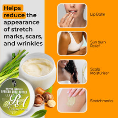 RA COSMETICS hair care shot with shea butter shows nourishing benefits and frizz reduction.