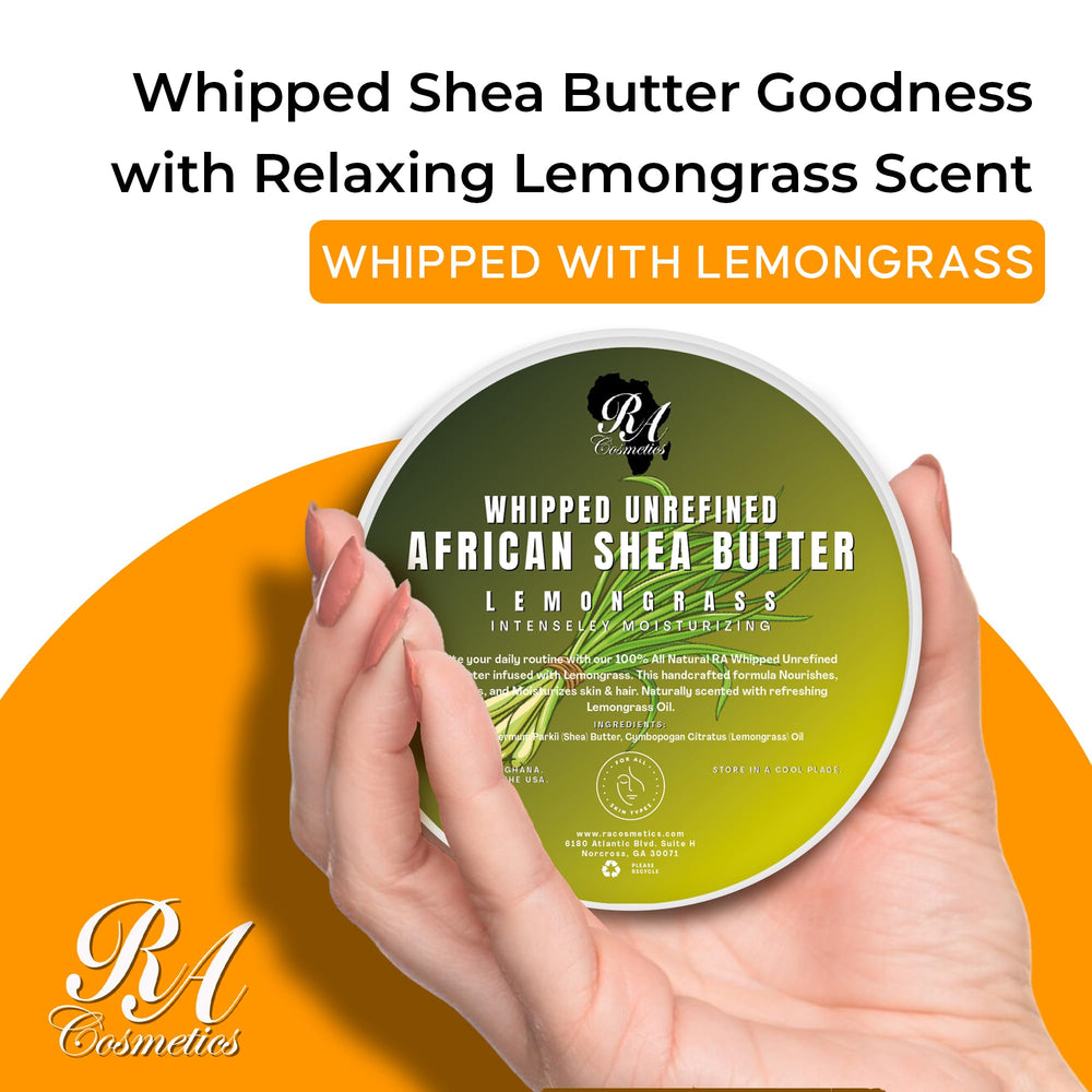 RA COSMETICS unrefined shea butter closeup highlighting nourishing moisture for skin and hair.