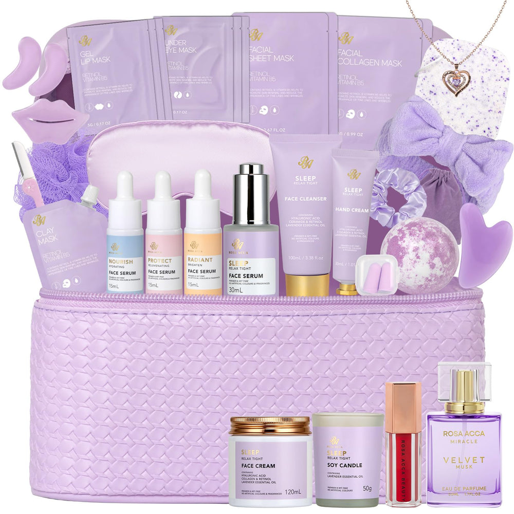 RA ROSA ACCA lavender spa gift set packaging showcasing premium skincare and accessories