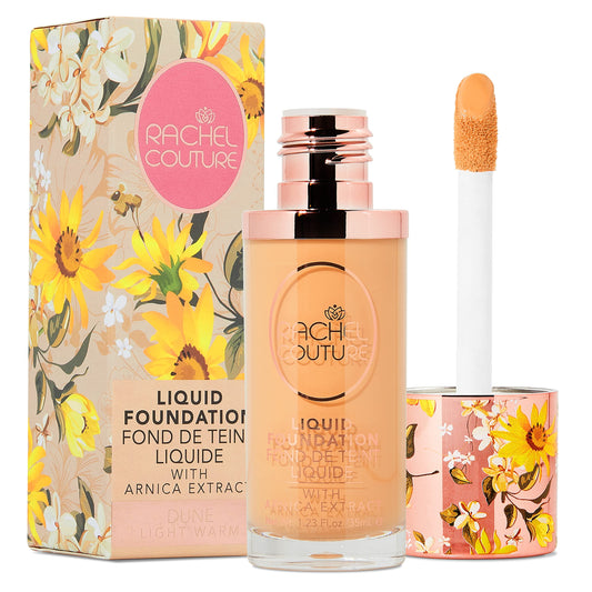 Rachel Couture lightweight foundation bottle closeup showing smooth texture and natural finish.
