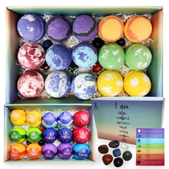 Rachelle Parker chakra bath bombs set with seven stones for meditation balance.