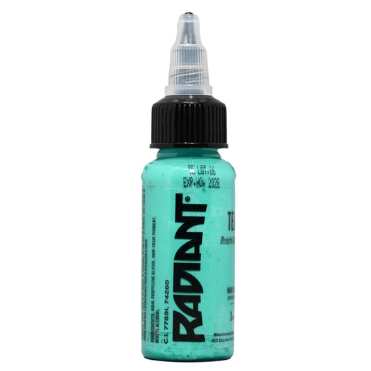 Radiant Colors Teal tattoo ink bottle showing bold color for crisp outlines.