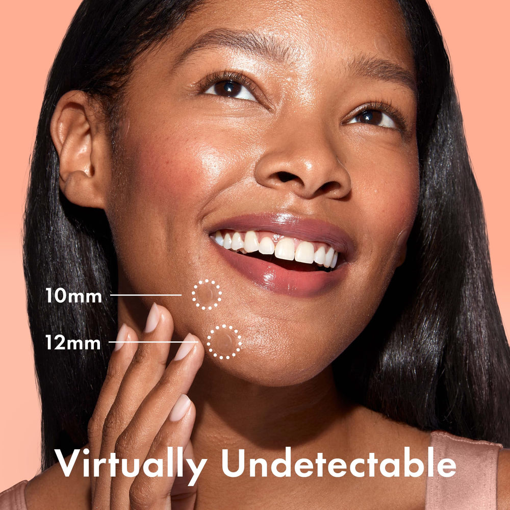 Rael pimple patches with tapered edges staying on skin all day and night.