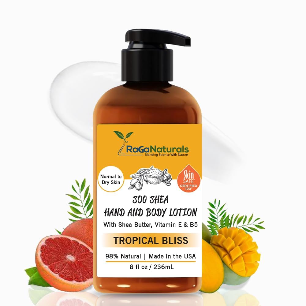 RaGaNaturals Mango Shea Butter Lotion bottle provides tropical hydration for daily skin care.