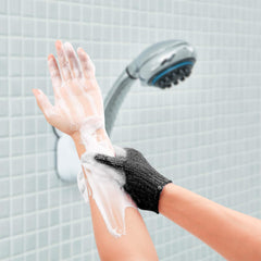 Rainmae gloves with elastic wrists keep exfoliants in place during showers.