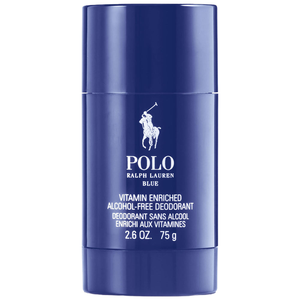 Ralph Lauren Polo Blue deodorant stick, front view, delivers lasting freshness for daily wear.