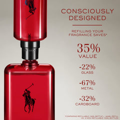 Ralph Lauren Polo Red bottle emphasizes woody and redwood notes for sophistication.