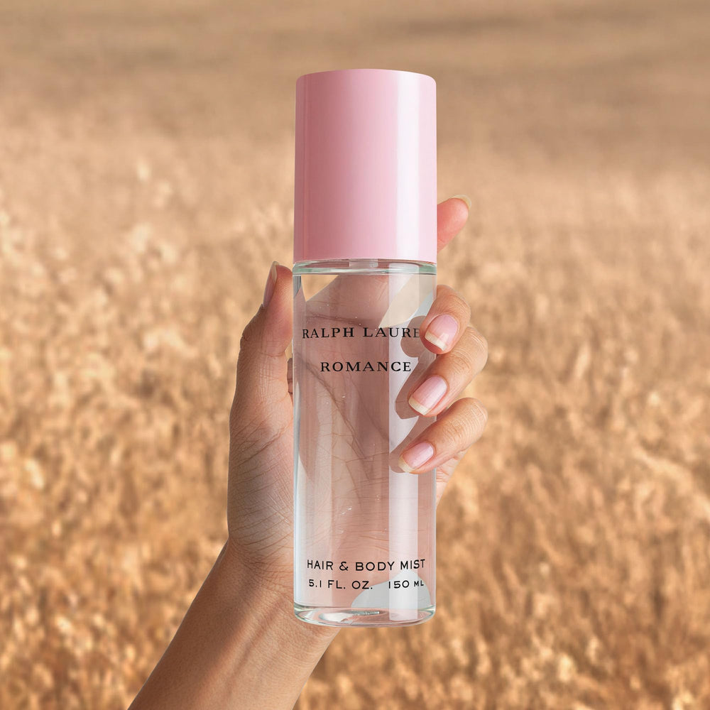 Ralph Lauren Romance hair mist applied to pulse points for soft fragrance.