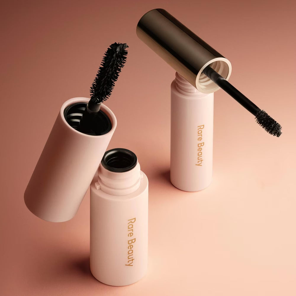 Rare Beauty packaging lifestyle shot shows on-the-go lash and brow duo.