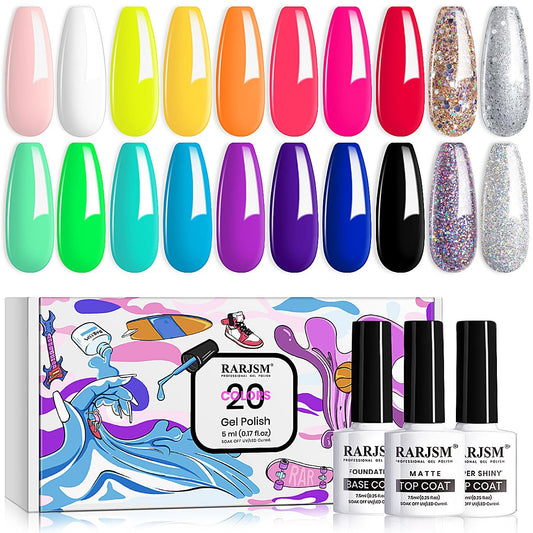 RARJSM 23 Pcs Gel Nail Polish Set front packaging showing diverse color range for easy seasonal looks