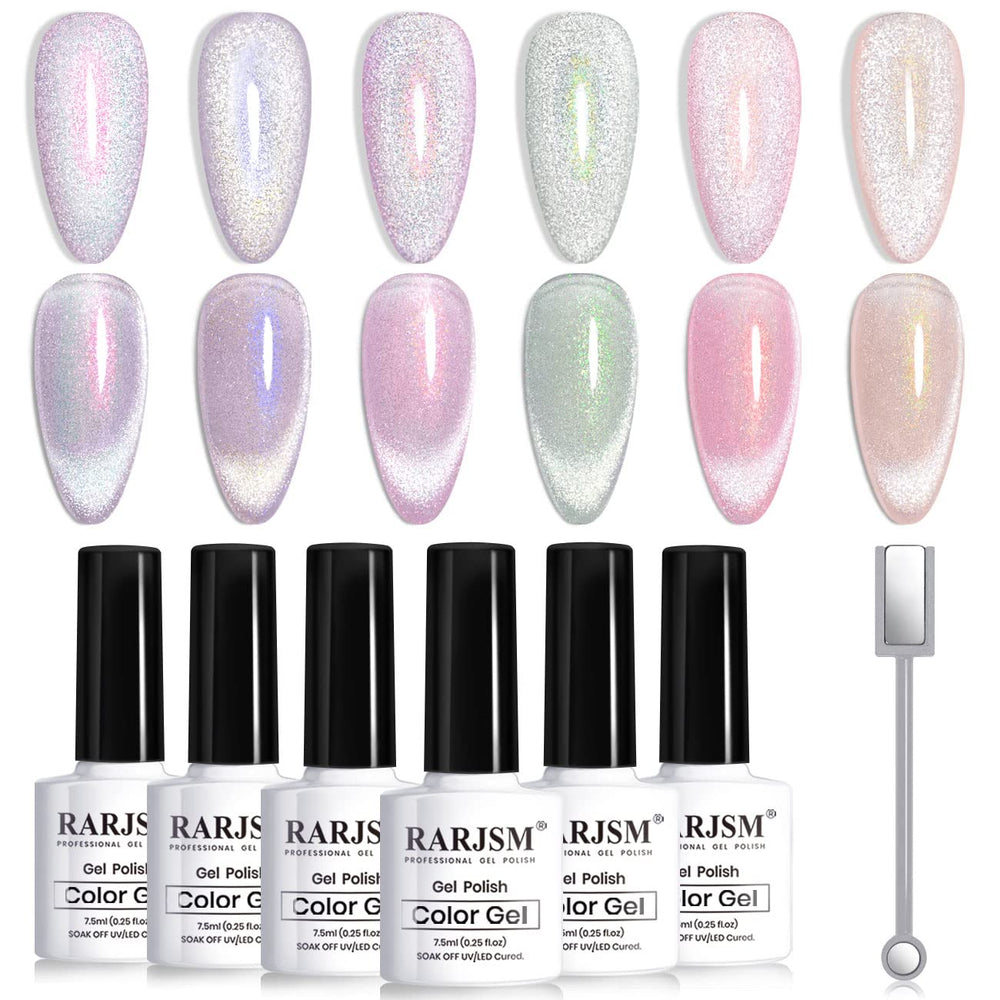 RARJSM Aurora cat eye collection swatches showing six velvet shades with magnetic shift