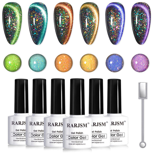 RARJSM cat eye gel polish set on display with six bottles for at-home salon results.