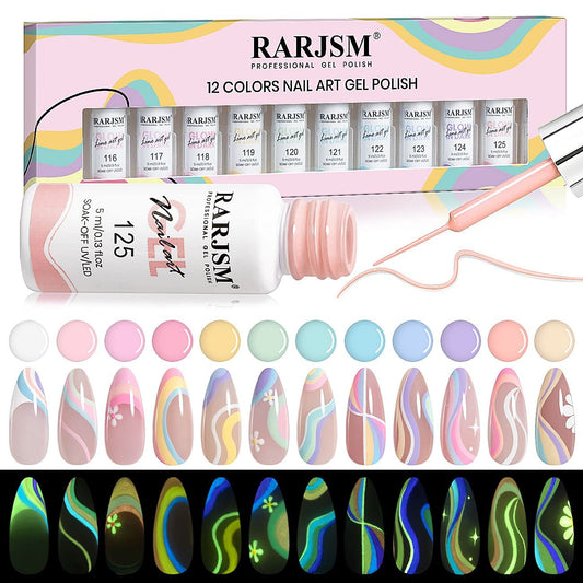 RARJSM Glow in the Dark Nail Art Set packaging showing 12 colors for easy shopping