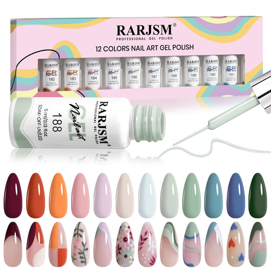 RARJSM nail art gel liner 12-color collection for versatile line work.