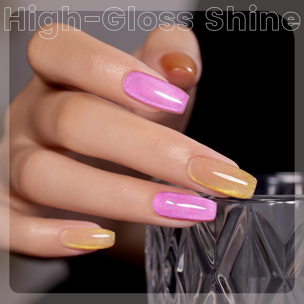Nude pink glitter cat eye polish ready for elegant everyday nails