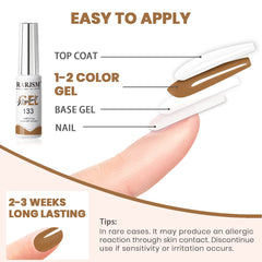 Soak-off gel polish cures under UV/LED lamps for durable, glossy finishes.