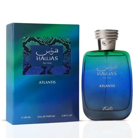 RASASI Hawas Atlantis bottle front view showing vibrant citrus opening for daily freshness.