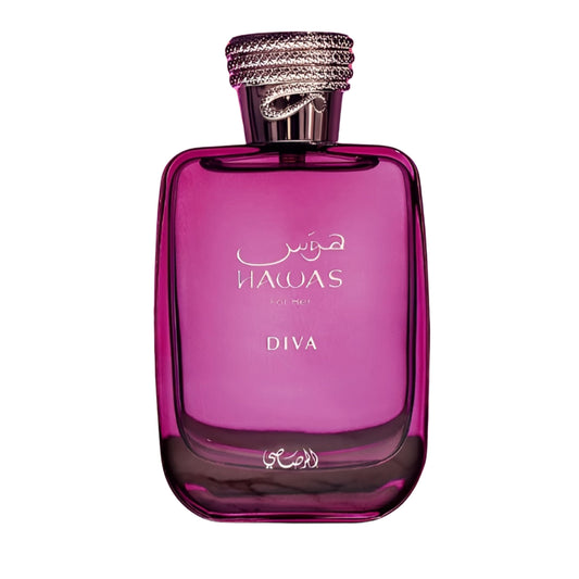 RASASI Hawas Diva bottle on a vanity for elegant evening wear.