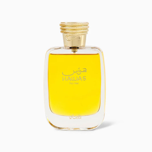 RASASI Hawas for Her bottle close up, a modern Arabian perfume design for all day confidence