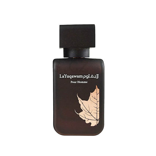 Rasasi La Yuqawam Pour Homme bottle highlights masculine leather sophistication.
