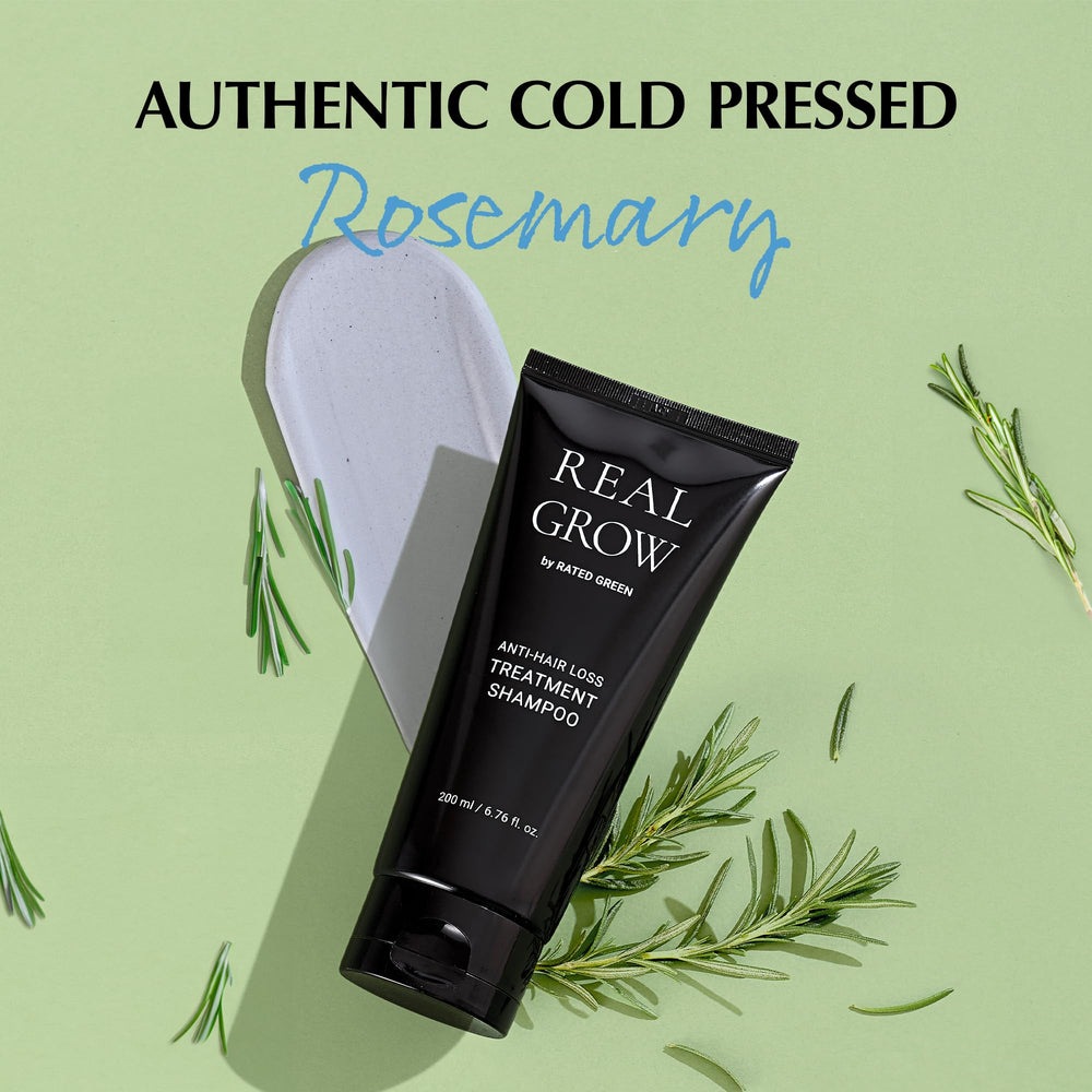RATED GREEN Real Grow shampoo pump close-up, creamy texture for scalp nourishment.