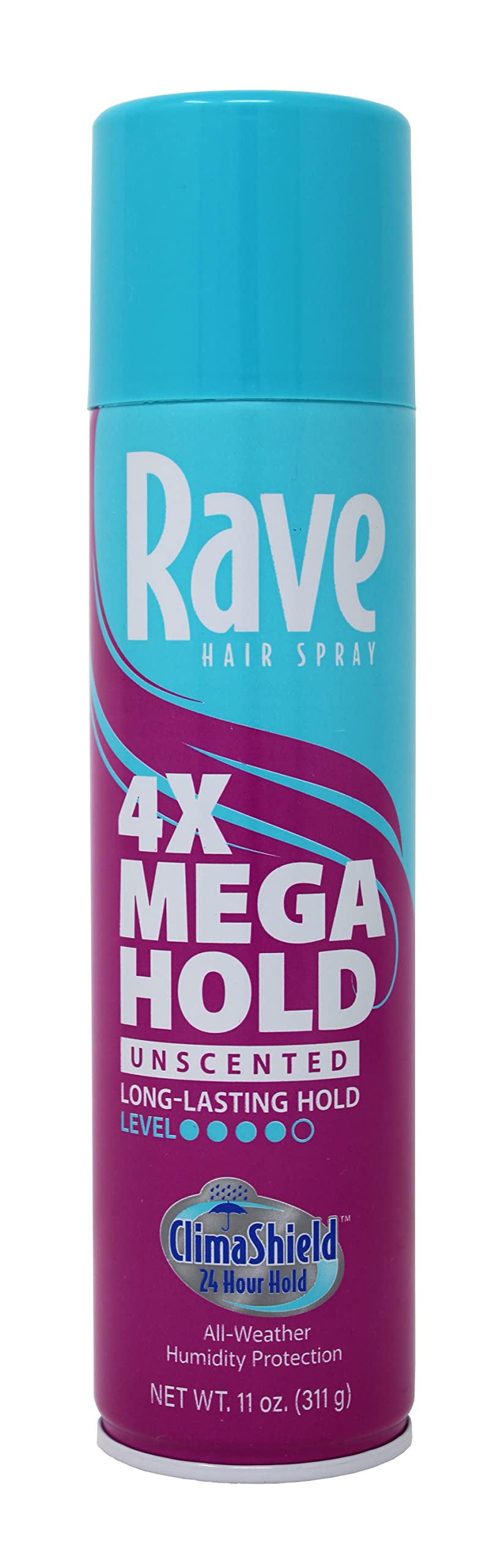 Rave Hairspray 4X Mega Unscented bottle delivers strong hold without scent for all-day style.