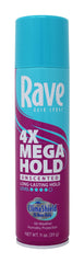 Rave Hairspray 4X Mega Unscented bottle delivers strong hold without scent for all-day style.