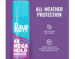 Rave Hairspray 4X Mega Unscented collection showcases long-lasting, fragrance-free hold.
