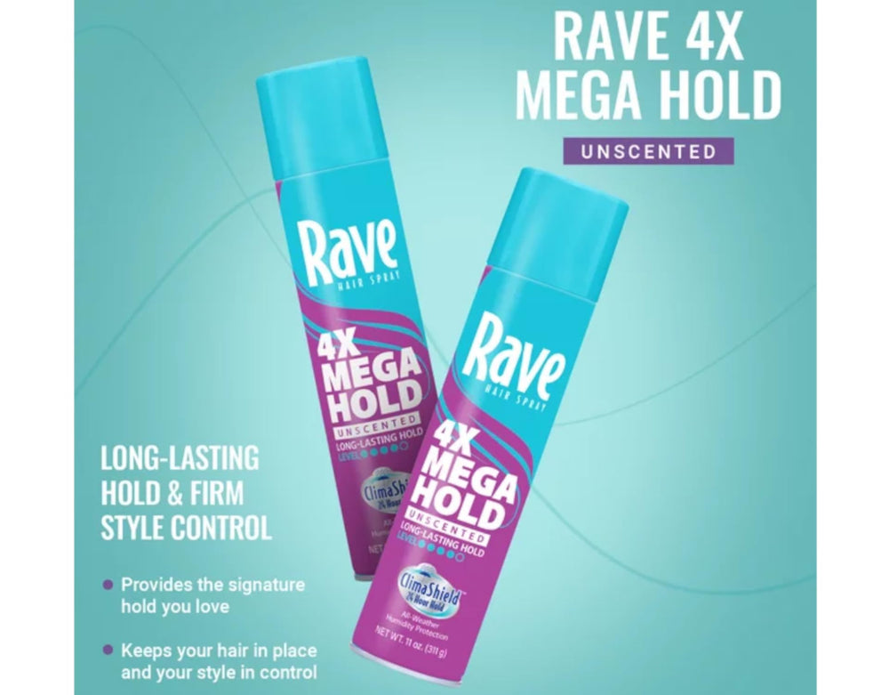 Rave Hairspray 4X Mega Unscented 11oz dispense helps quick, precise styling.