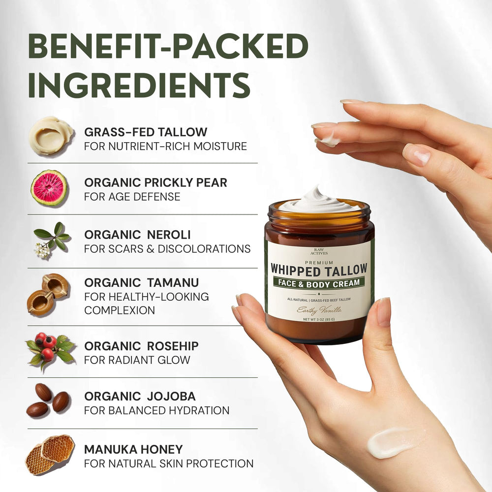 RAW ACTIVES Whipped Tallow Balm glides on smoothly, delivering lightweight hydration.