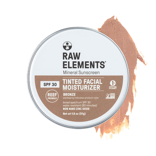 Raw Elements bronze tinted face cream bottle for lightweight sun protection.