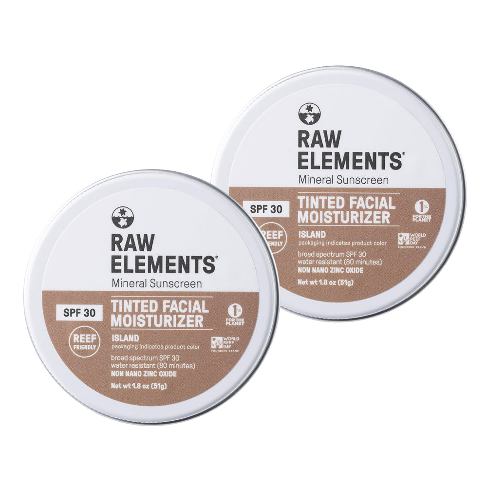 Raw Elements island tinted face cream bottle highlights SPF 30 protection.