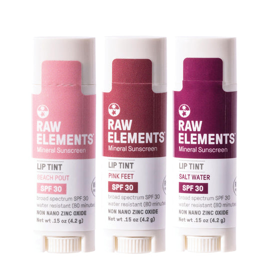 Raw Elements tinted lip pout Pink Feet with SPF 30 for sun protection.