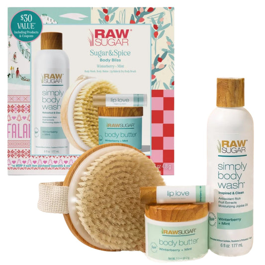 Raw Sugar Body Bliss Winterberry Mint wash bottle, refreshing cleanse with antioxidant extracts