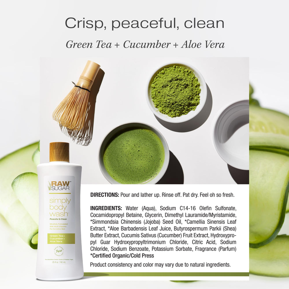RAW SUGAR Green Tea Aloe Soother ingredients include sugarcane and aloe for moisture.