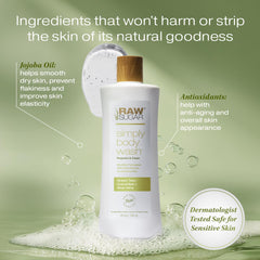 RAW SUGAR Green Tea Aloe Soother pour bottle showing creamy, hydrating lather.