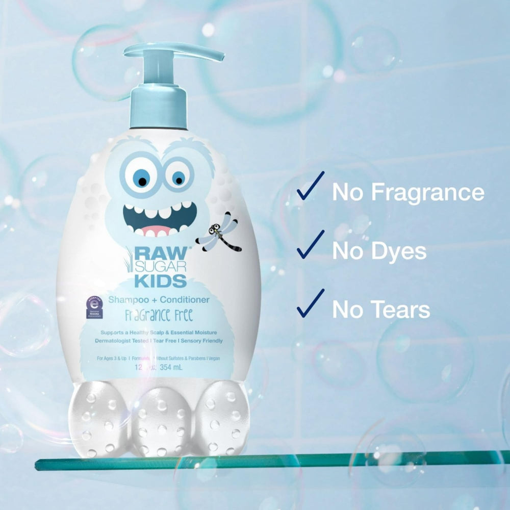 RAW SUGAR Kids 2-in-1 creamy texture highlights soothing bath soak for calm skin
