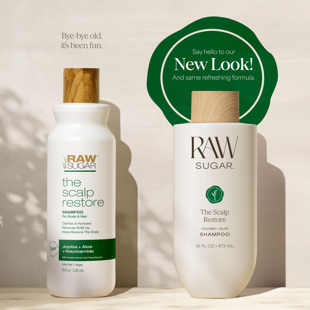 Raw Sugar Scalp Restore Conditioner bottle delivers hydration and scalp soothing.