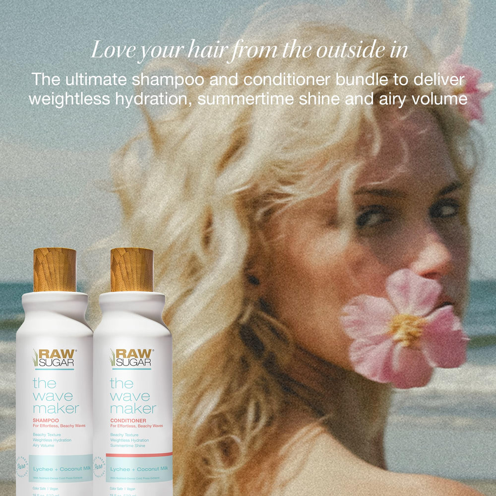 RAW SUGAR Wave Maker conditioner bottle, providing lightweight nourishment for soft shine